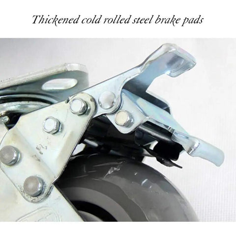 Heavy Duty Casters 4 Pack With Reliable Brakes Roll Like Butter Swivel And Fixed Wheels Quiet TPR Rubber For Garage Workbench Or Furniture Effortless Mobility close-up view of steel brake pads