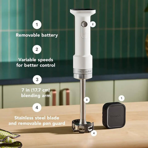 Kickass Cordless Hand Blender With Fast Charge Battery Plug Free Smoothie Mixer Lightweight Kitchen Blend Wand with removable battery.