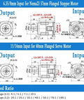 Diagram showing input and output specifications for Nema23 stepper motor gearbox and 60mm servo motor gearbox.