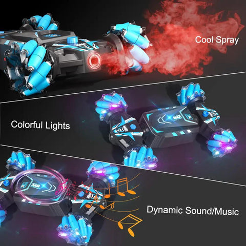 Gesture Hand Controlled RC Stunt Car With Spray Lights And Music 4WD showing spray effect, colorful lights, and sound feature
