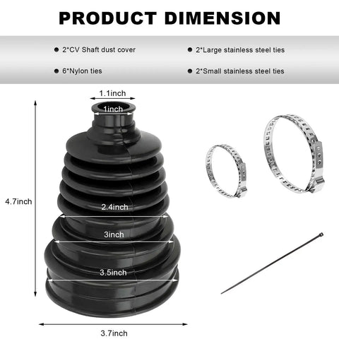 Two Pack CV Joint Boot Kit All In One with front axle boots, silicone covers, clamps, and cable ties, dimensions labeled