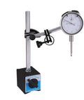 Dial indicator on magnetic base with long adjustable arm, 0-1 in range, 0.001 in precision.