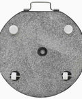 Bottom view of Heavy Duty Round Black Granite Umbrella Base For Outdoor Patios And Tables, Built To Last, with wheels and handle