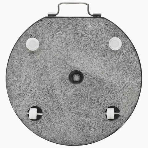 Bottom view of Heavy Duty Round Black Granite Umbrella Base For Outdoor Patios And Tables, Built To Last, with wheels and handle