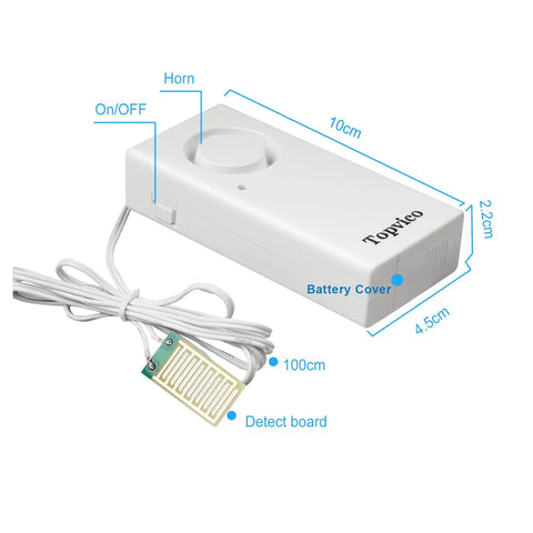 Water Leak Alarm Sensor Kit For Home Basements And RVs With 120dB Loud Battery Operated Alarm showing dimensions and features
