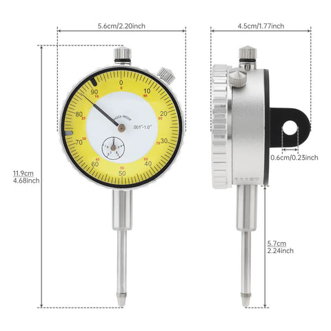 0 To 1 Inch Dial Gauge Indicator With Imperial Scale, side and front view showing clear dirt-resistant dial face and dimensions.