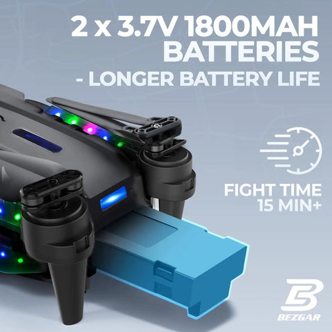 1080P HD Camera Foldable Mini FPV Drone With LED Lights For Adults Kids And Beginners RC Quadcopter 2 batteries shown
