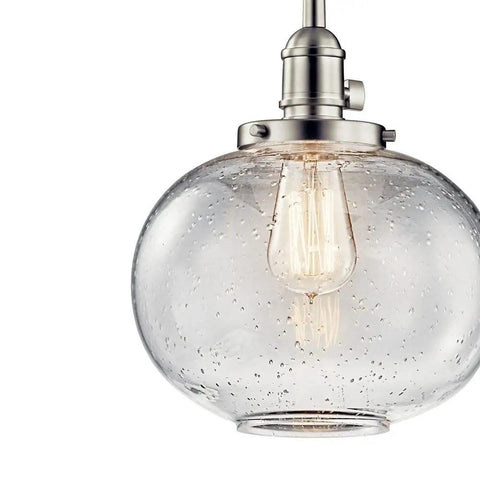 Avery 9.75 Inch One Light Mini Pendant With Clear Seeded Glass In Brushed Nickel Finish Perfect For Kitchen Islands Or Dining Rooms Ambient Glow Modern Rustic Vibe And Easy Cluster Lighting