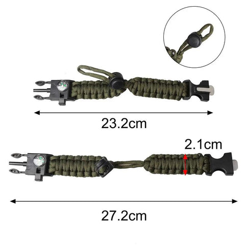 Two Pack Survival Paracord Bracelet With Flint Fire Starter Scraper Compass Whistle And Adjustable Wristband in army green size details