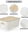 Small Plastic Storage Bins With Bamboo Lids, Stackable Pantry Boxes, 6 Pack, Cream White, 10 X 7.2 X 4.1 Inches shown with lid detail