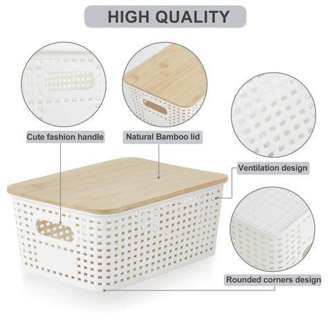 Small Plastic Storage Bins With Bamboo Lids, Stackable Pantry Boxes, 6 Pack, Cream White, 10 X 7.2 X 4.1 Inches shown with lid detail
