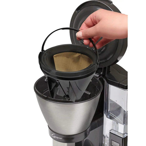 Hand holding Gold Tone Permanent Coffee Filter For 12 Cup Coffee Makers Including Krups Savoy Braun DeLonghi Easy Clean