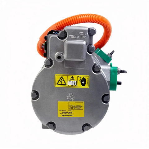 High Voltage Electric AC Air Conditioning Compressor For Tesla Model S And Model X, heavy duty unit with orange power cord, OEM grade design.