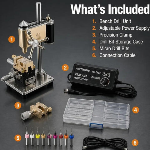 Mini Bench Drill Press Machine 9500Rpm High Precision Watchmaker Tool Variable Speed Spindle with compact parts and accessories.