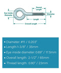 Diagram and specifications of Two and a Half Inch Black Screw Eyes for Wood and Cable, 304 Stainless Steel Eye Bolts Number 11.