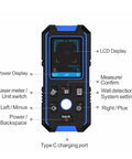 No Sweat Stud Finder And Wall Scanner With Built In Metal Detector showing LCD display, buttons and Type C charging port.