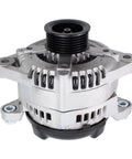 Front view of 150AMP Beefed Up Alternator For Hyundai Sonata Santa Fe Sport Optima Kia Sorento Sportage 2.0L 2.4L Engines 2015-2021 Direct Fit Replacement Meets OEM Specs featuring cooling fins and mounting points.