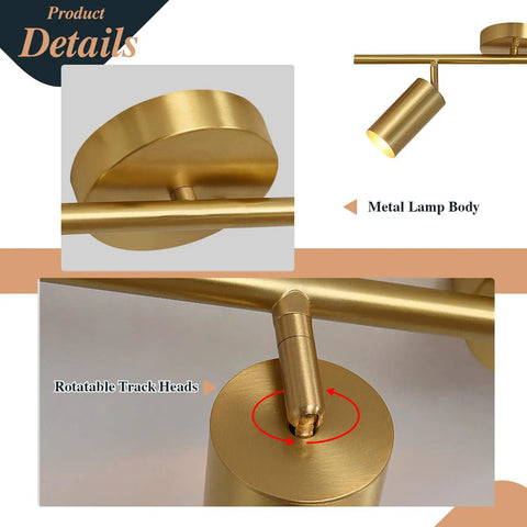 Mid Century Modern 2 Light LED Track Lighting Kit With Dual Way Operation gold flush mount close-up on rotatable heads in brushed brass