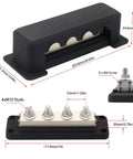 Top Grade Heavy Copper Bus Bar With Built Tough 600 Amp Power Distribution Block showing dimensions and stud terminals.