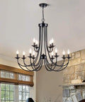 Farmhouse Twelve Light Candle Chandelier Black Wrought Iron Pendant Light 2 Tier Rustic Industrial Ceiling Fixture in living room