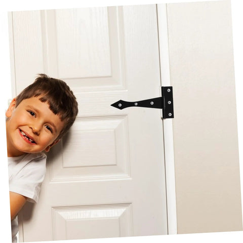 Black iron tee hinge installed on white door edge; 8-pack for cabinets and doors
