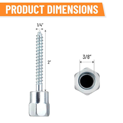 Dimensions of Three Eighths Inch Vertical Rod Anchor Screws For Wood; 1/4 inch by 2 inch, galvanized carbon steel, silver finish.