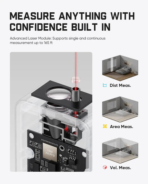 Pro Grade Laser Distance Meter With 2.4 Inch IPS Touchscreen, 178 Degree Viewing, 165 Feet Range, Angle Sensor, Bubble Level, Large Font Readouts, Built For Quick, Easy Measurements On The Job Site showing laser module close-up