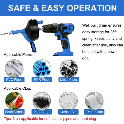 Drain Auger Clog Remover With Drill Adapter, 25 Feet Flexible Plumbing Snake, shown with power drill, for various pipes.