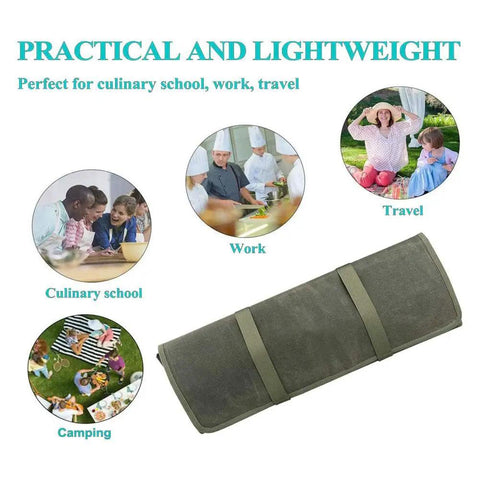Pro Grade Heavy Duty Waxed Canvas Knife Roll Case For Chefs shown with culinary, work, travel, and camping uses