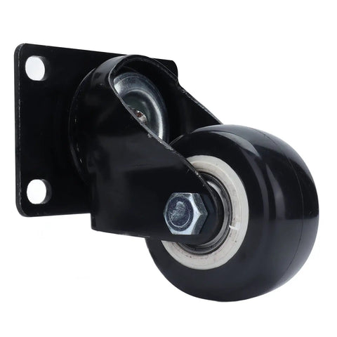 Solid 2.5 Inch Heavy Duty Swivel Casters Featuring Twin Ball Bearings And Quiet Rolling Polyester Wheels For Warehouse Carts And Utility Furniture Built Tough For Daily Grind side view of black swivel caster with metal bracket and bearing.