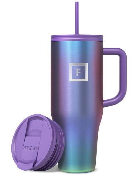 Co Pilot Insulated Travel Mug With Straw And Flip Cap Lids 40 Oz Leak Proof Cup Holder Friendly in Aurora Color with extra lid
