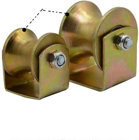 Heavy Duty U Groove Caster Wheels Two Pack With Double Bearing Pulleys For Iron Sliding Doors And Wire Rope Rails, showing two metal pulleys with thick mounts.