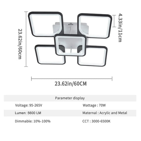 Five Heads Square LED Ceiling Light With Remote Dimmer And Memory Function 3000K To 6000K Dimmable White And Black Flush Mount Fixture for Living Room and Bedroom 70W Sleek Modern Acrylic Metal Chandelier Lamp dimensions and specifications.