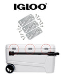 Heavy Duty Stainless Steel Cooler Parts Kit With Beefy Latches Hinges And Marine Grade Screws for Igloo coolers shown with parts.
