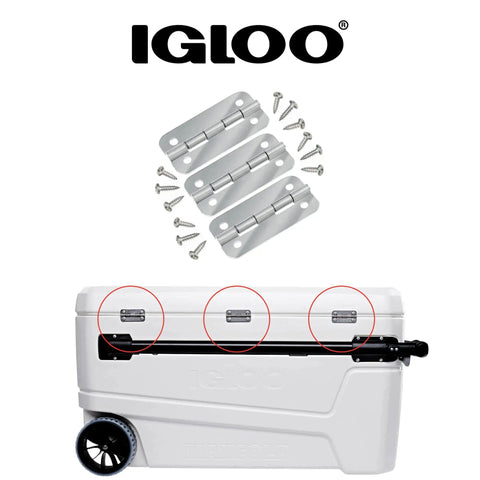 Heavy Duty Stainless Steel Cooler Parts Kit With Beefy Latches Hinges And Marine Grade Screws for Igloo coolers shown with parts.