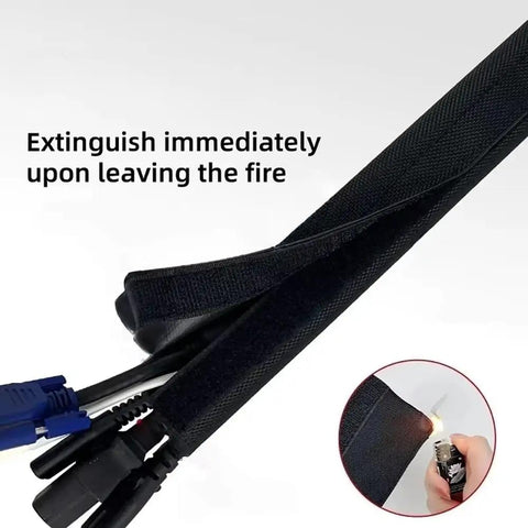 Reusable Flame Retardant Cable Sleeve Waterproof Nylon PVC Sheath With Hook And Loop Closure 20M Long Inner Diameter 15 To 100mm Pro Grade Tangle Free Cable Management For Wires And Electronics showing flame resistance demonstration with lighter