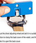All In One Watch Back Remover Tool With Adjustable Jaw Range 11 To 54 Mm in use, stainless steel case opener and closer on a watch