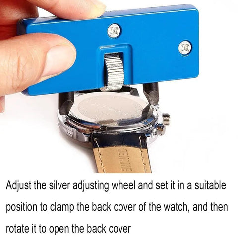 All In One Watch Back Remover Tool With Adjustable Jaw Range 11 To 54 Mm in use, stainless steel case opener and closer on a watch