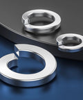 Split lock washer set: three stainless steel washers in multiple sizes for screws and bolts, shiny silver.