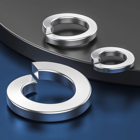 Split lock washer set: three stainless steel washers in multiple sizes for screws and bolts, shiny silver.