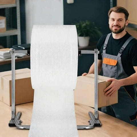 Heavy Duty Tabletop Bubble Wrap Dispenser for Effortless Ship Prep, showcasing a worker packing boxes with rapid bubble wrap access.