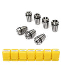 Heavy Duty ER11 Collet Block Chuck With Spindle Motor Shaft Extension Rod For CNC Tooling Set featuring eight steel collets with yellow caps.