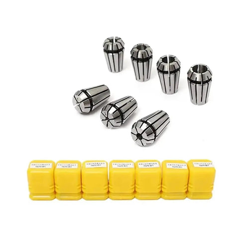 Heavy Duty ER11 Collet Block Chuck With Spindle Motor Shaft Extension Rod For CNC Tooling Set featuring eight steel collets with yellow caps.