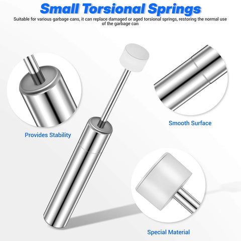 Soft Close Damper For Trash Can Lids, 6 Pack Hydraulic Lid Piston With Quiet Close Buffer, Replacement Lid Hinge For Kitchen Waste Bins, Fits Step Can And Home Cabinets, Durable Nickel Plated Iron, shown in detailed view with labeled features.