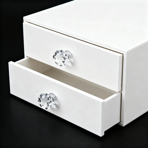 Mini Transparent Acrylic Knobs on white drawers, part of Glass Handles For Makeup Boxes Drawers And Cabinets 20 Pcs 17x20mm