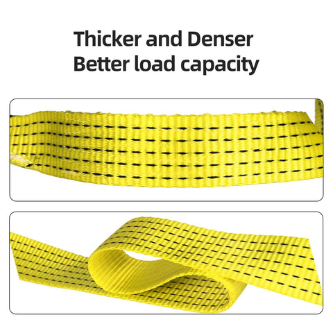 Close-up of yellow Two Pack 6 Ft Lifting Sling Straps 2 Inch Wide Heavy Duty Lift Rigging Straps, textured polyester webbing.