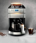 Fully Automatic Coffee Machine For Home Or Commercial Use Built Tough With Food Grade Stainless Steel Dual Purpose Drip Espresso Maker Light Gray Countertop Brewer Zero Drama All Day Brewing Setup with coffee and beans.
