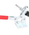 Super Cool Vertical Quick Release Clamp With Epic 30kg Grip For Welding And Heavy Duty Mechanical Work That Locks Tight And Keeps Jobs Secure No Slippage Allowed, silver steel clamp with red handle.
