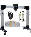 Heavy Duty Portable Aluminum Gantry Crane, Four Thousand Pound Capacity with accessories and casters for easy mobility.