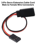 Close-up of 3-pin servo extension cable, focus on black and red wires, male to female connectors for RC servos, 15 cm length.
